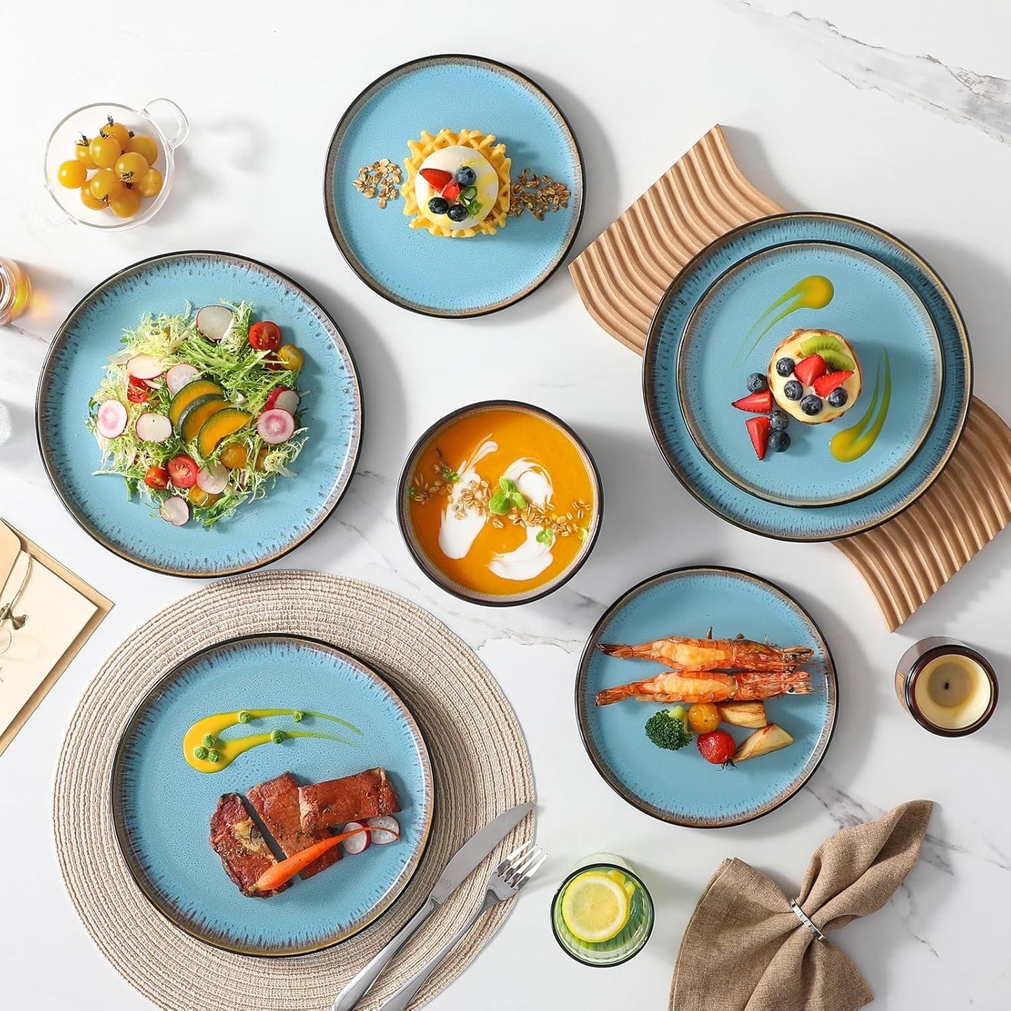 Dinner Set Stoneware 15 Piece Reactive Glaze Plates Bowls Blue Service