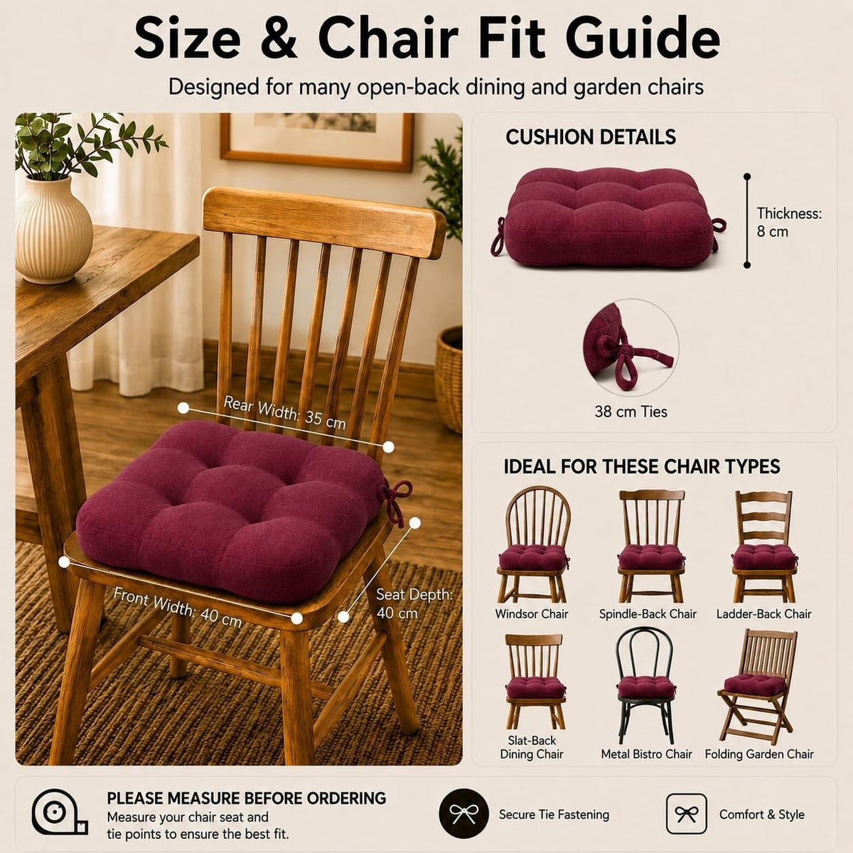 Chair Seat Cushions Pads 6 Pack 40x40cm 8cm Thick Memory Foam Garden Dining Wine