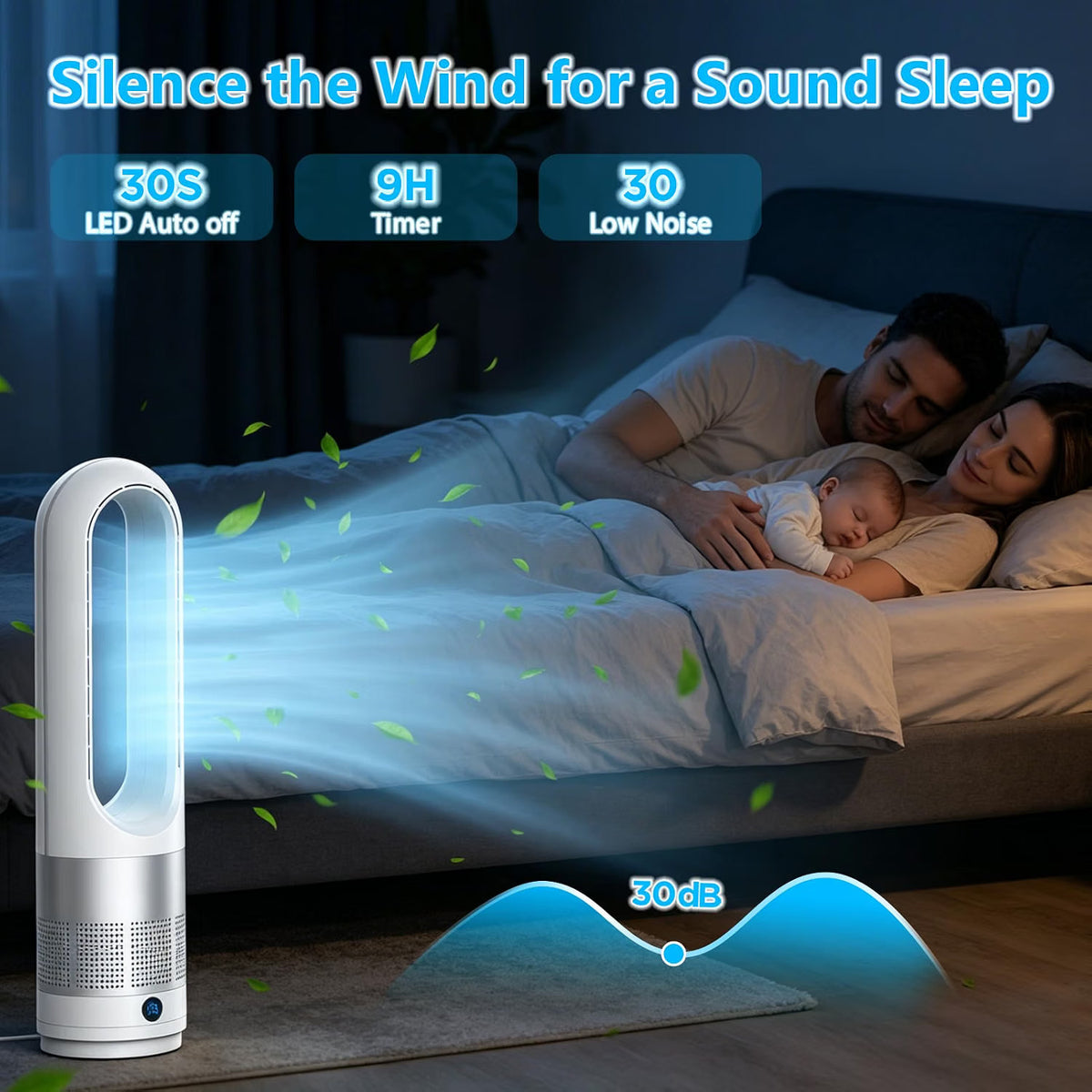 Bladeless Tower Fan 60cm Oscillating 8 Speed Remote LED Display 8H Timer