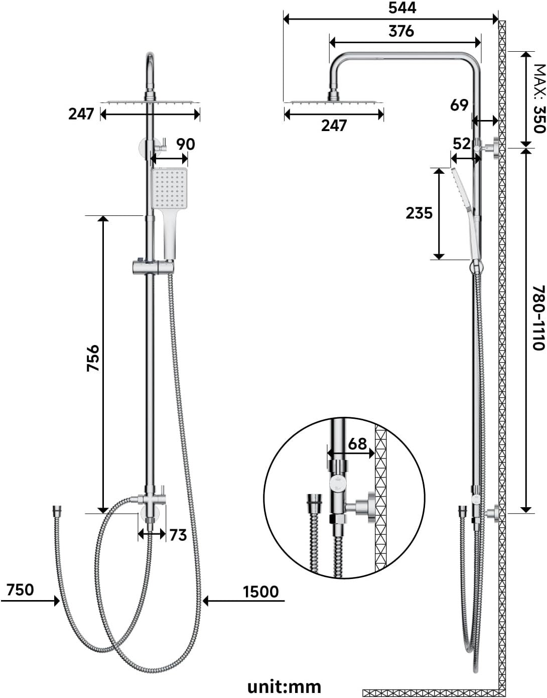 Rain Shower System 25x25cm Square Head Handset Adjustable Rail 75-110cm Chrome
