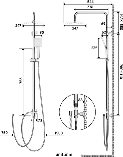 Rain Shower System 25x25cm Square Head Handset Adjustable Rail 75-110cm Chrome