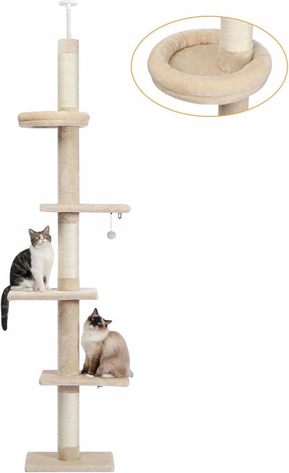 Cat Tree Tower Scratching Post Floor Ceiling 5 Tier Adjustable 243-273cm Beige
