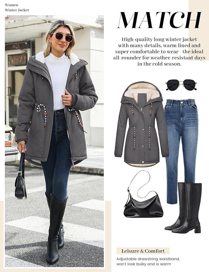 Womens Winter Parka Jacket Fleece Lined Hooded Thermal Coat Grey XXL