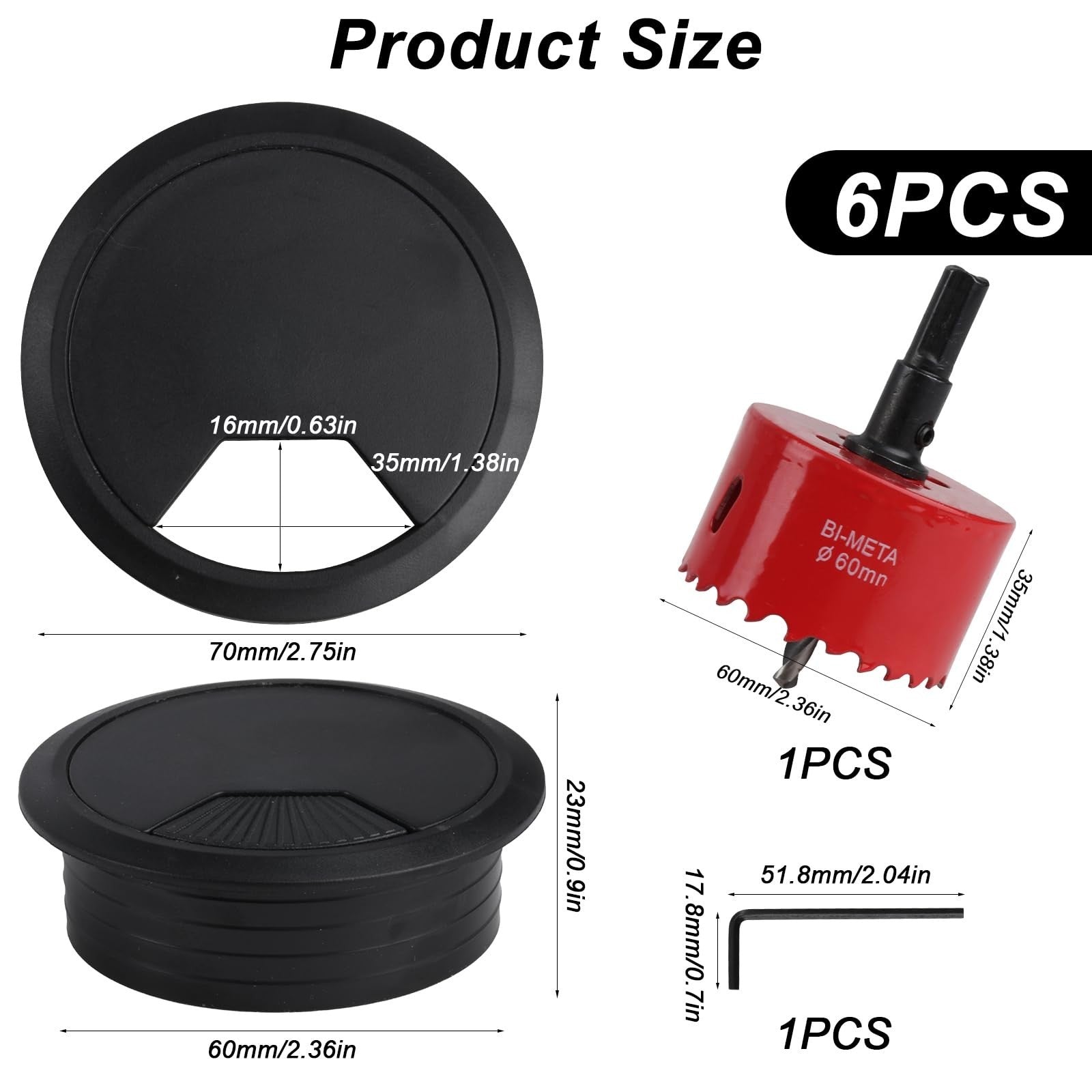 60mm Hole Saw Drill Bit & 6 Pcs Round Desk Cable Hole Cover Black 60mm
