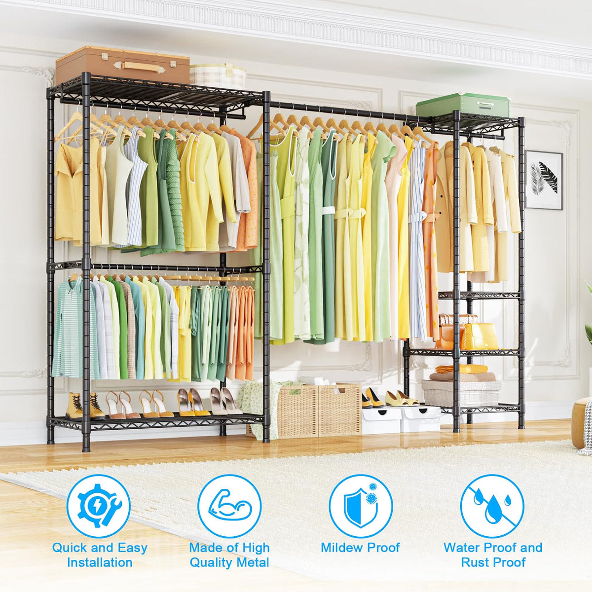 Heavy Duty Clothes Rack Extendable 6 Shelves 4 Rails 362kg Black Carbon Steel