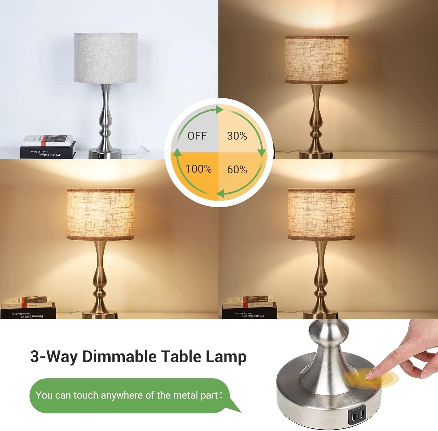 EDISHINE Bedside Lamps Set of 2 - 3 Way Dimmable Touch Lamp with USB Charging