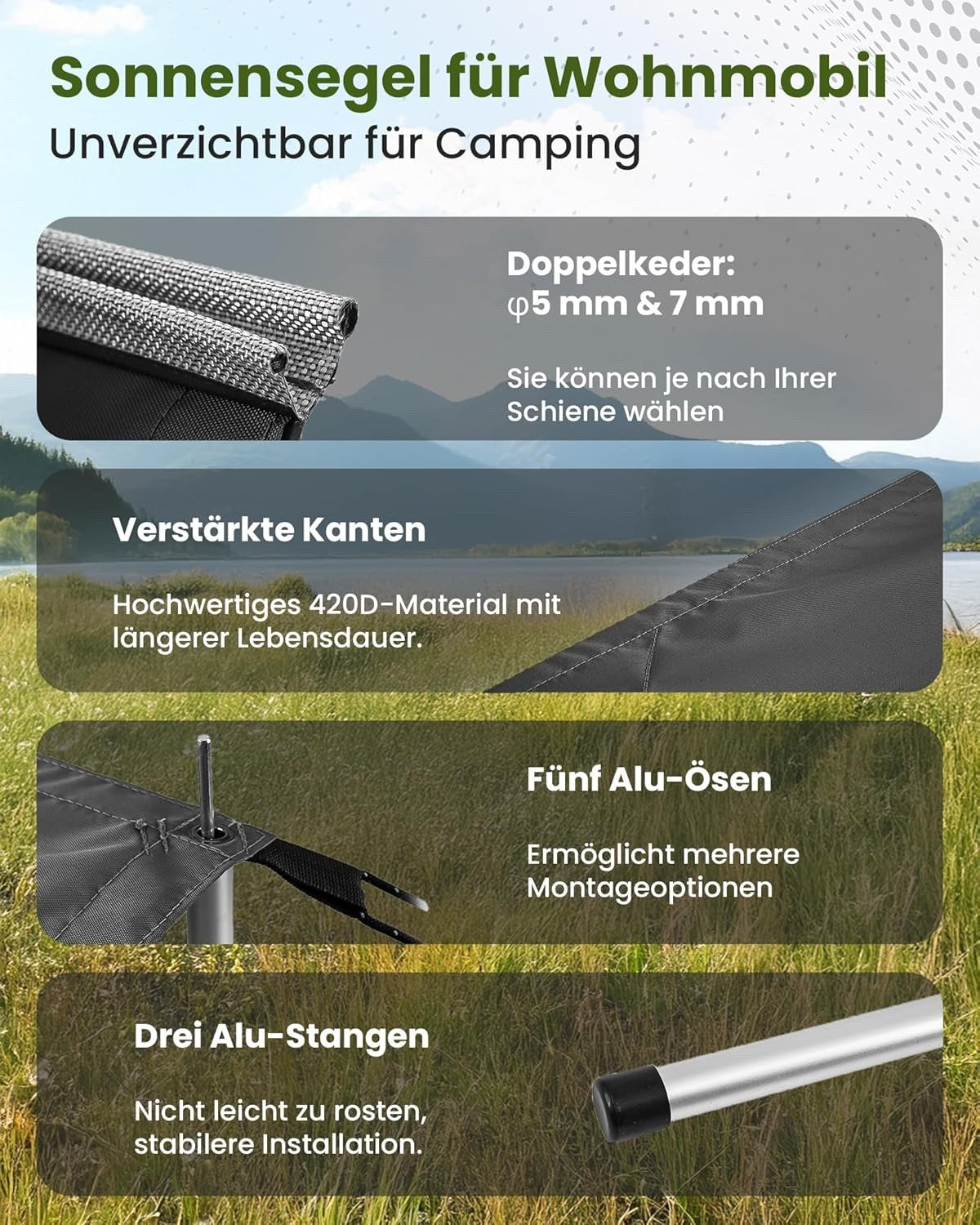 Caravan Awning 300x240cm 420D Polyester Waterproof UV50+ Piping Kit Dark Grey
