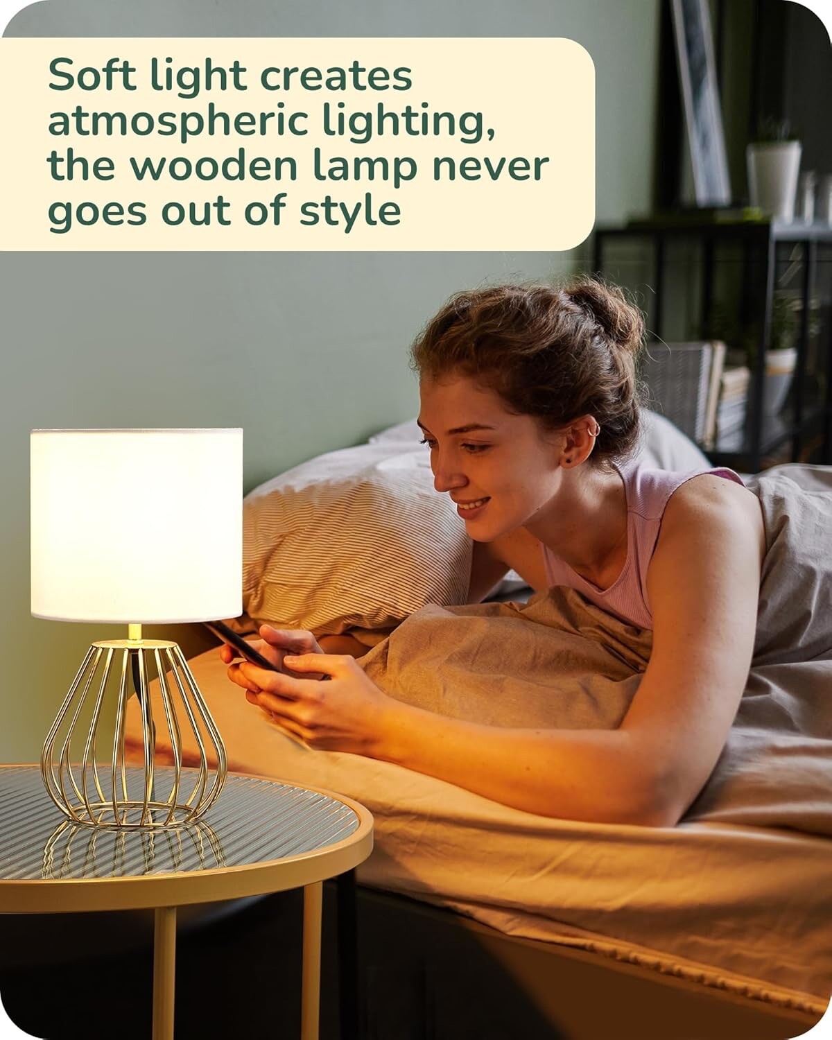 EDISHINE Bedside Lamp Table Lamp with Metal Cage Base & Linen Lampshade Gold