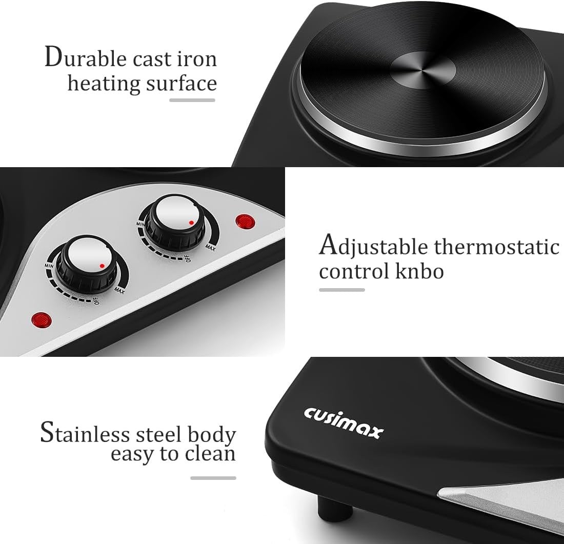 Electric Hot Plate Double Burner 2500W Portable Cast Iron Dual Temperature Black