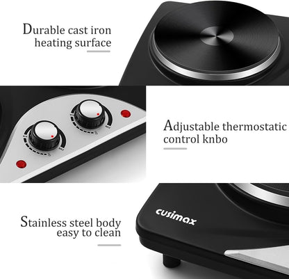 Electric Hot Plate Double Burner 2500W Portable Cast Iron Dual Temperature Black
