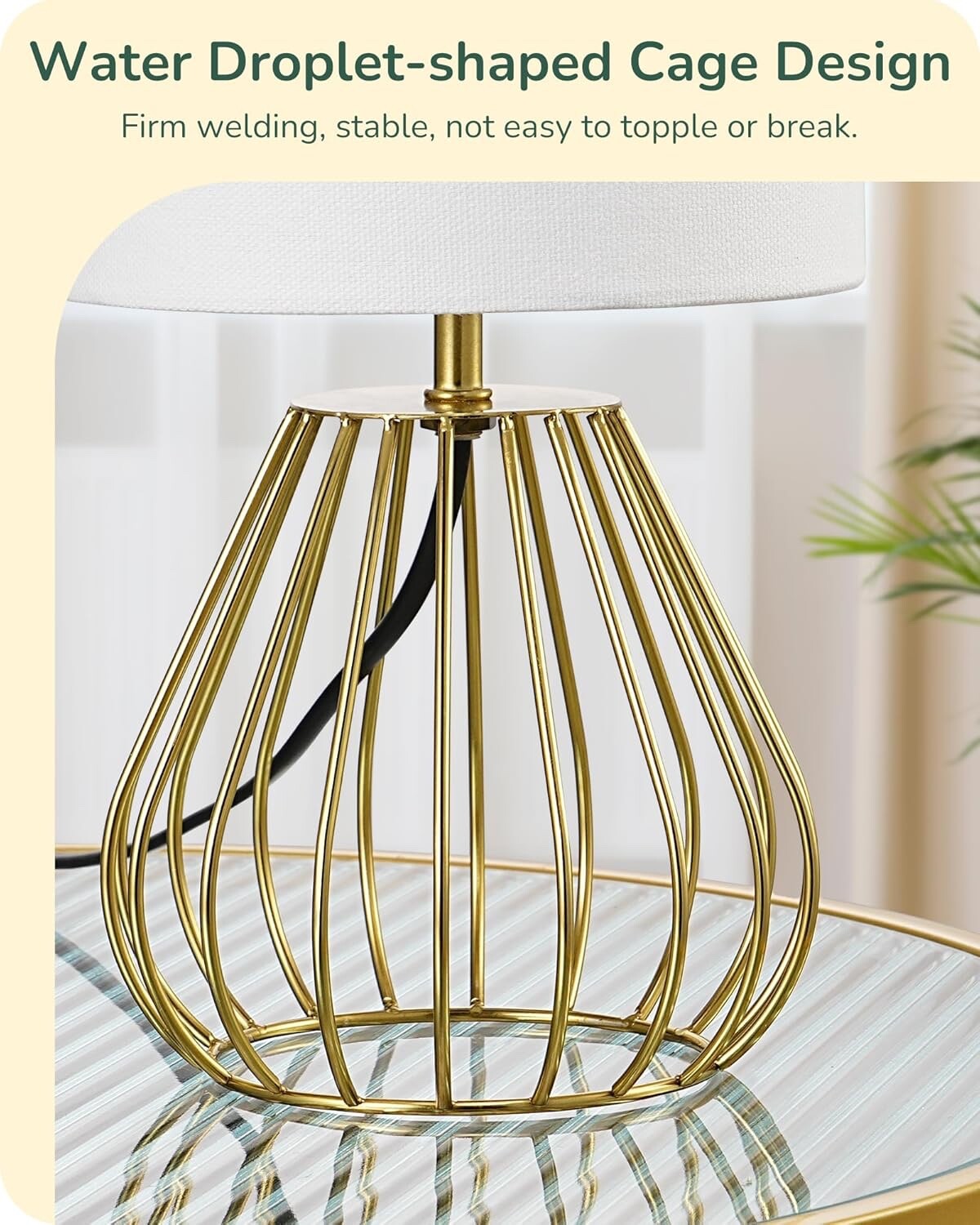 EDISHINE Bedside Lamp Table Lamp with Metal Cage Base & Linen Lampshade Gold