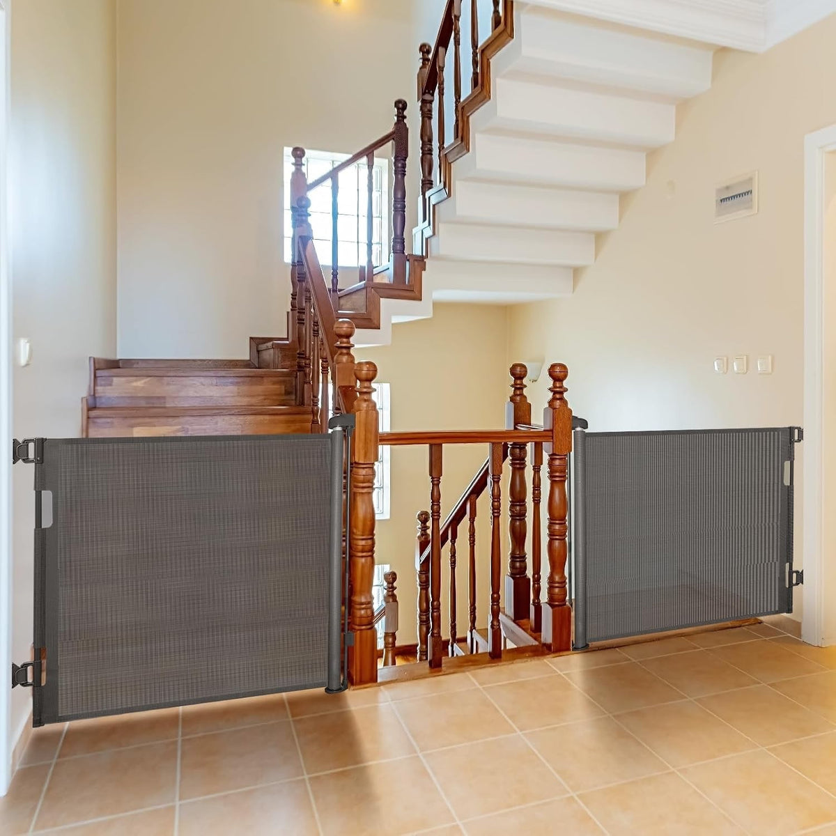 Baby Gate Retractable Mesh Dog Gate 86cm 140cm Length Grey Safety Doorway 2 Pack