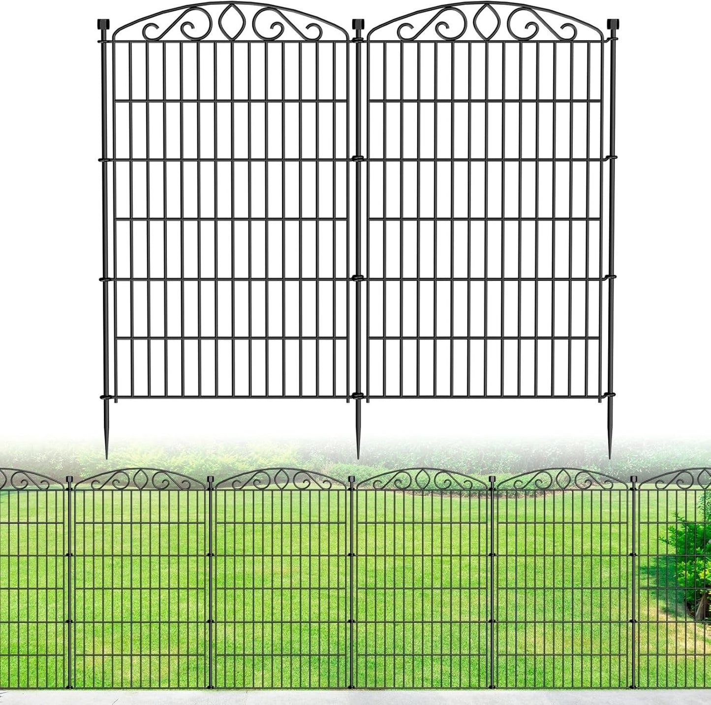 Metal Garden Fence Panels 6Pc Black Iron No Dig Outdoor Border 107cm x 389cm