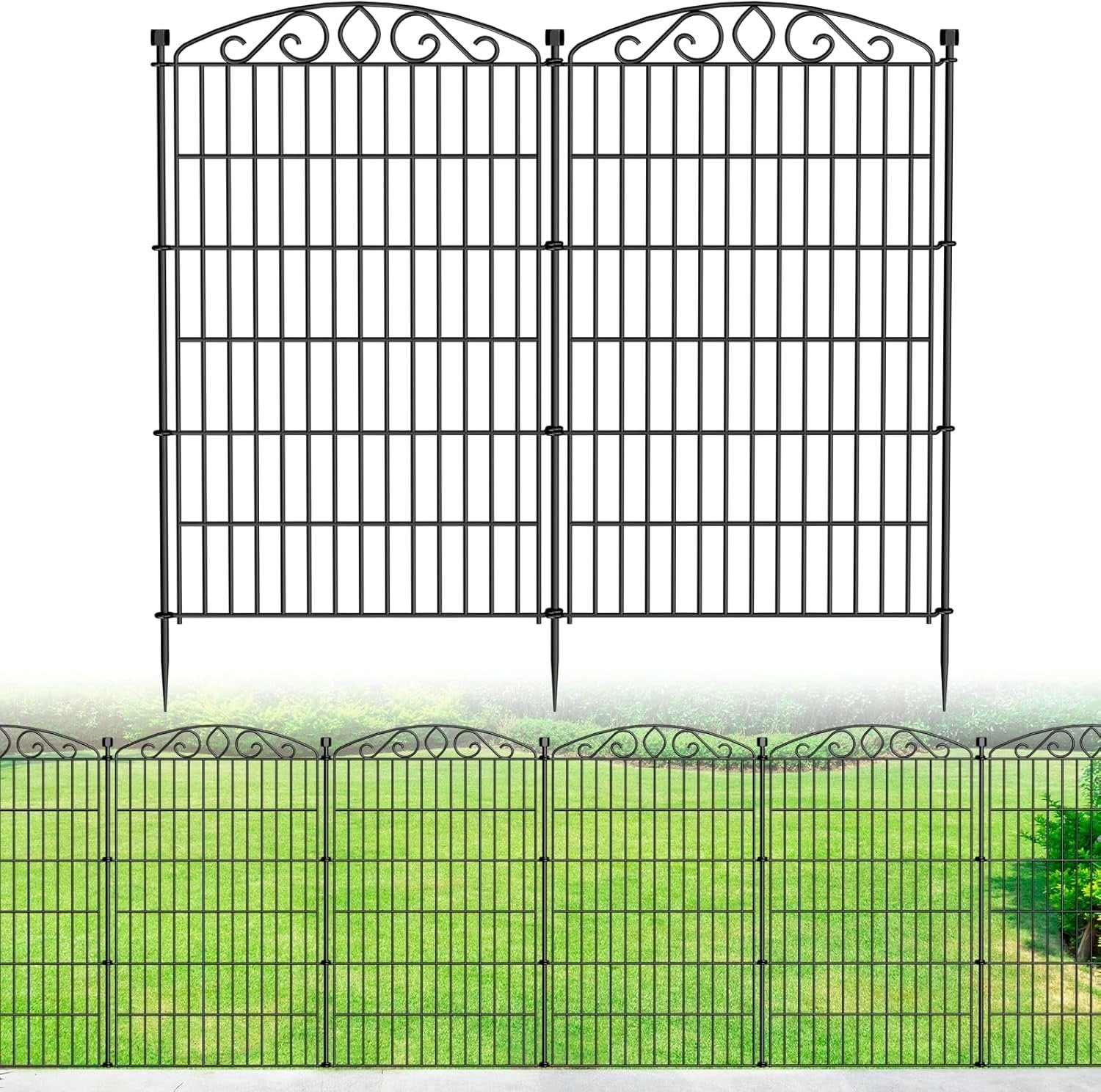 Metal Garden Fence Panels 6Pc Black Iron No Dig Outdoor Border 107cm x 389cm