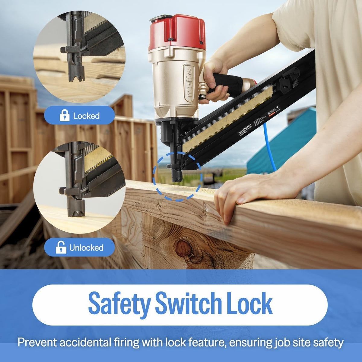 Framing Nail Gun Pneumatic 34 Degree 50-83mm Meite SN3483F Angled Air Nailer