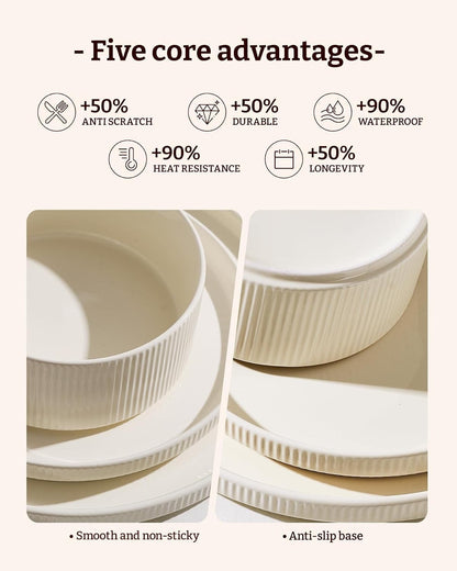Dinner Set Porcelain Plates Bowls 18 Piece for 6 Cream Rust Red Trim Microwave