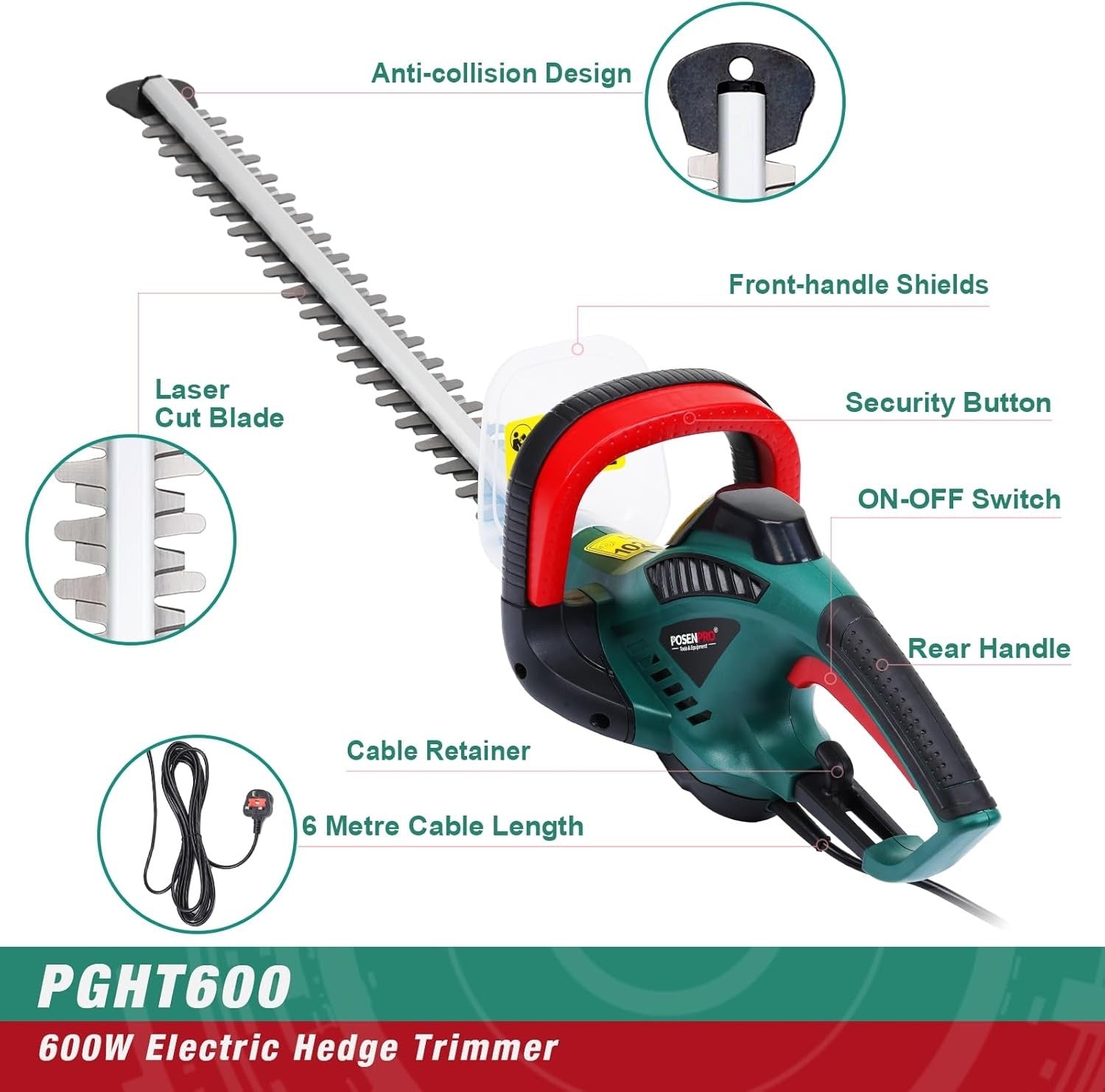 POSENPRO 600W Electric Hedge Trimmer 550mm Blade Corded Garden Cutter 6m Cable