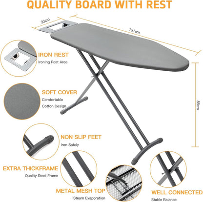 Ironing Board Foldable Full Size 131x33 Adjustable Height Non Slip Legs Grey