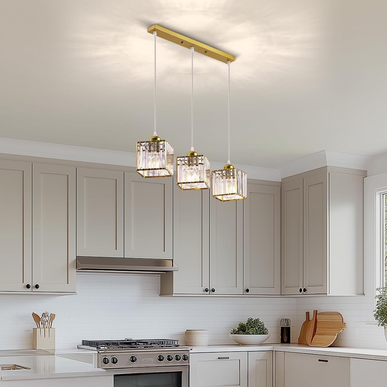 Crystal Chandelier Ceiling Light 3 Lights Adjustable Height E27 Pendant Modern