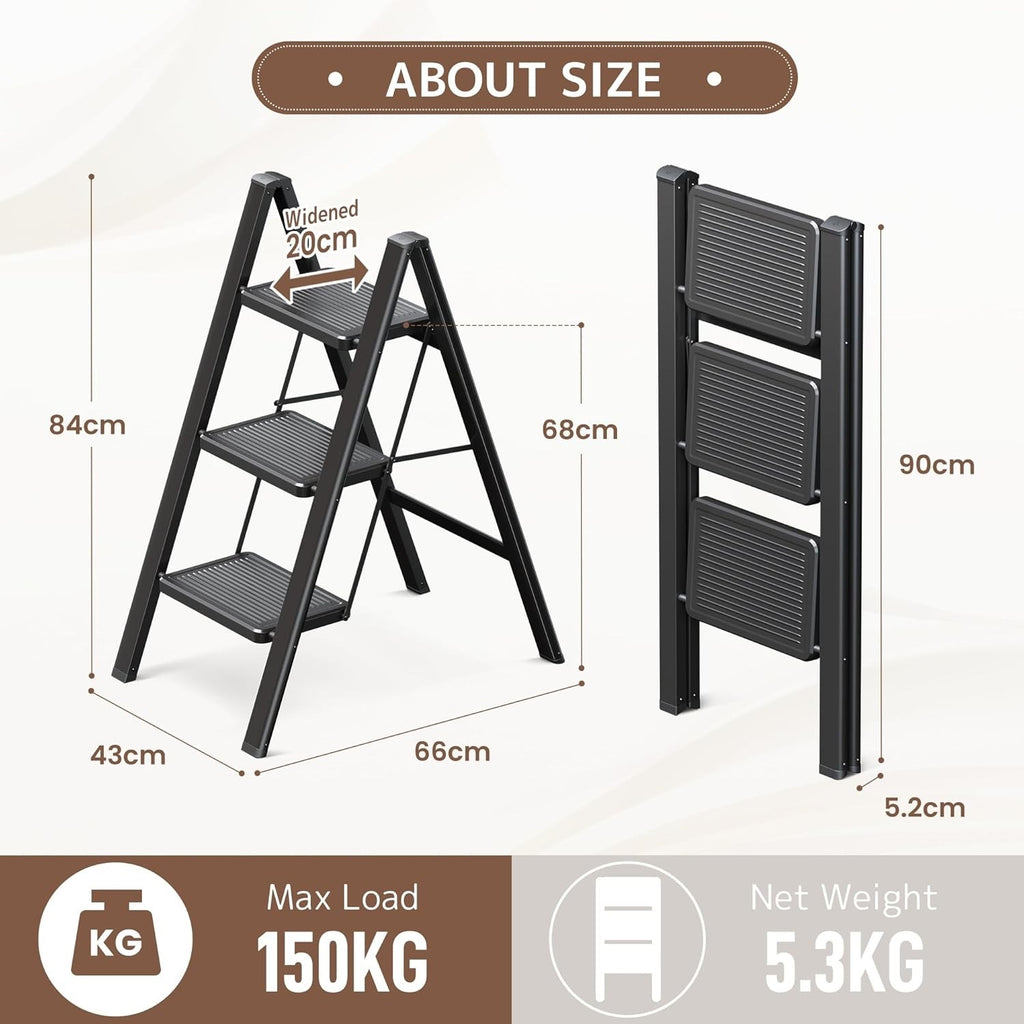 3 Step Folding Ladder Stool Adult Heavy Duty Widened Pedal Non-Slip Black