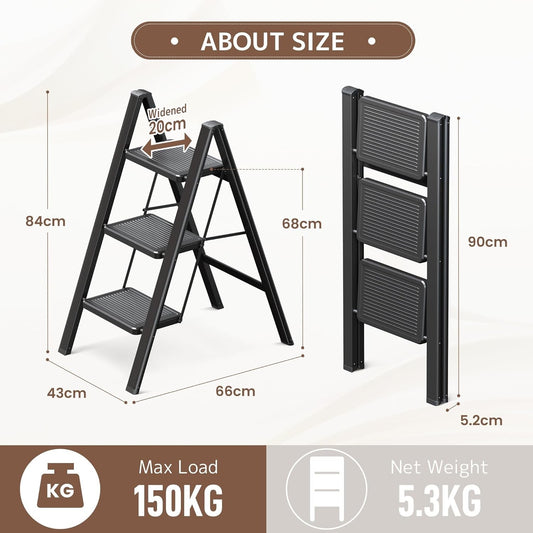 3 Step Folding Ladder Stool Adult Heavy Duty Widened Pedal Non-Slip Black
