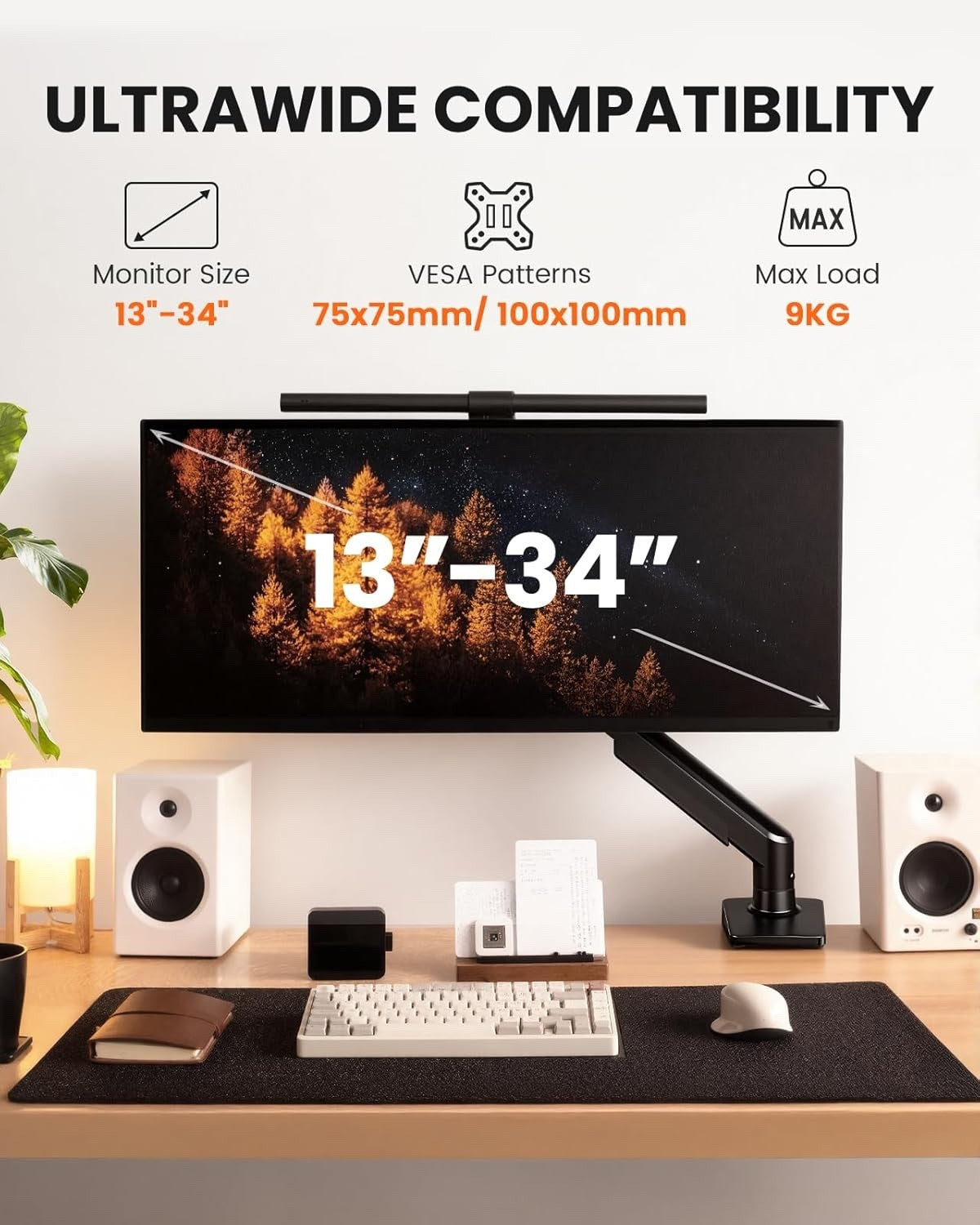Monitor Stand Arm Desk Mount Single 13-34in Tool-Free VESA Adjustable 9kg Black