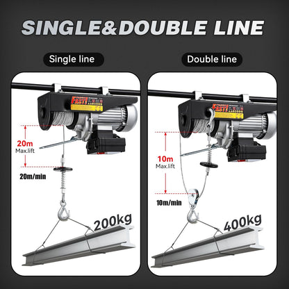 Electric Hoist Winch 140kg 280kg Cable Lift 1600W Wireless Wired Remote Crane