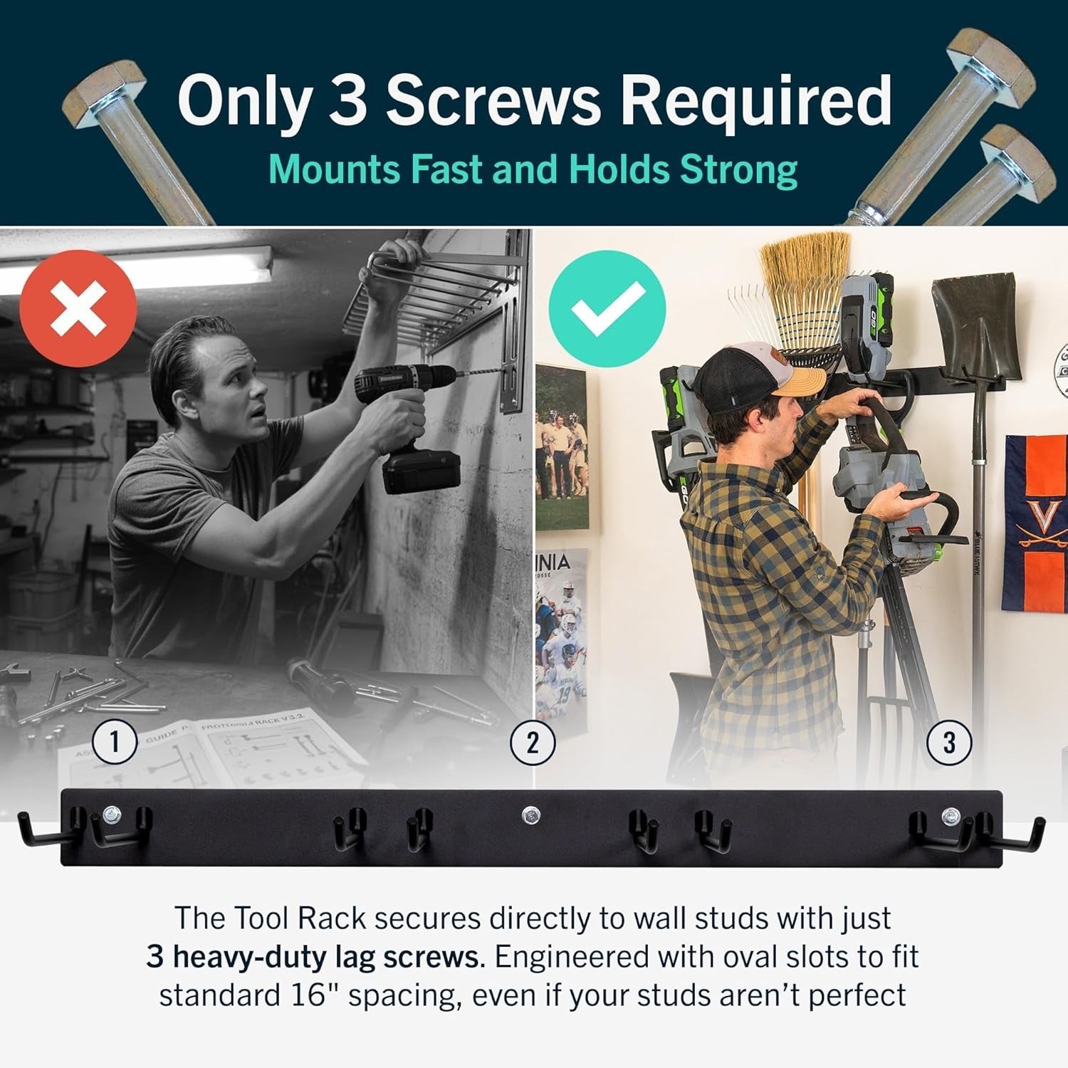 StoreYourBoard Wall-Mounted Tool Rack with 4 Heavy-Duty Garage Hooks