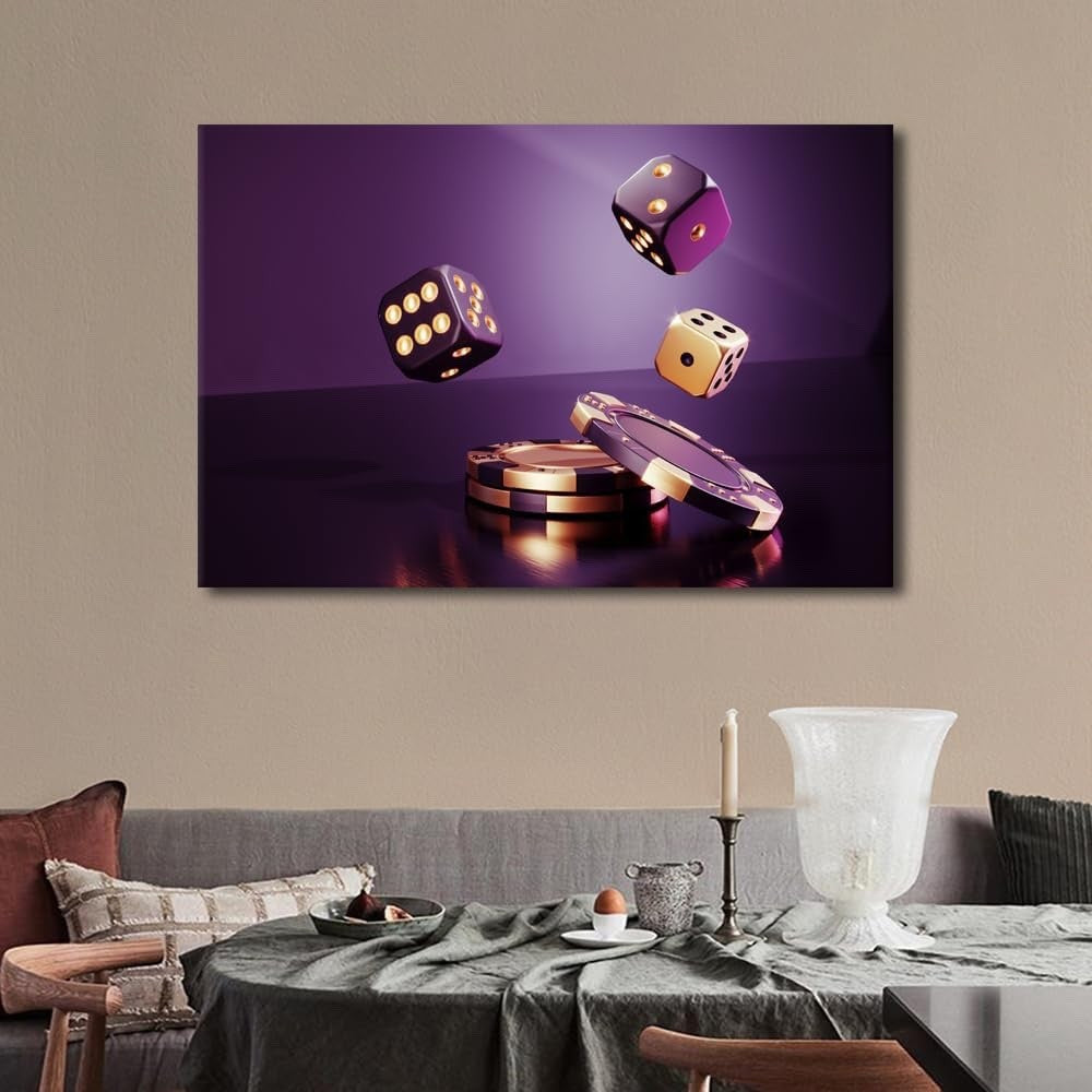 Casino Chips Wall Art Canvas Print Framed 36x24in Poker Dice Game Room Decor