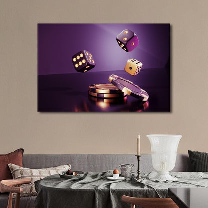 Casino Chips Wall Art Canvas Print Framed 36x24in Poker Dice Game Room Decor