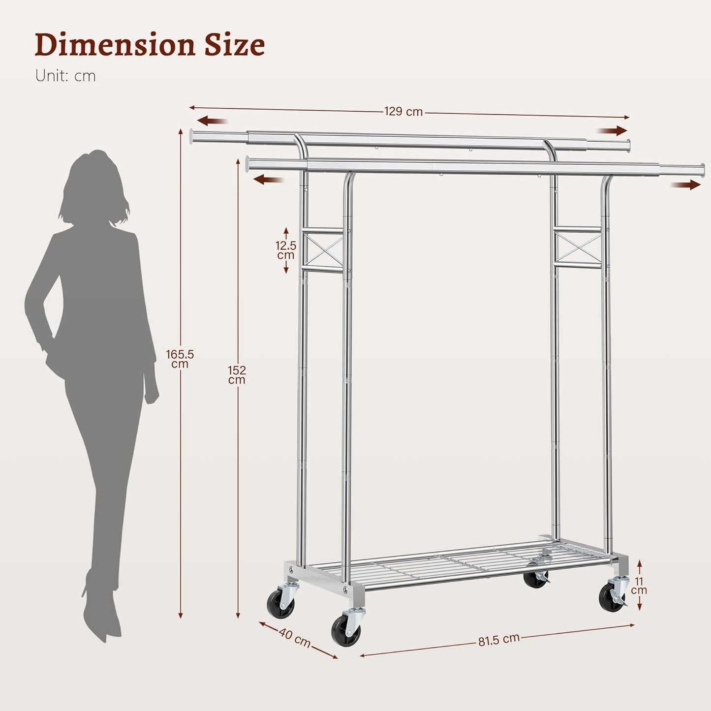 Clothes Rail Heavy Duty Double Rod Extendable Rack Storage Shelves Silver 190cm