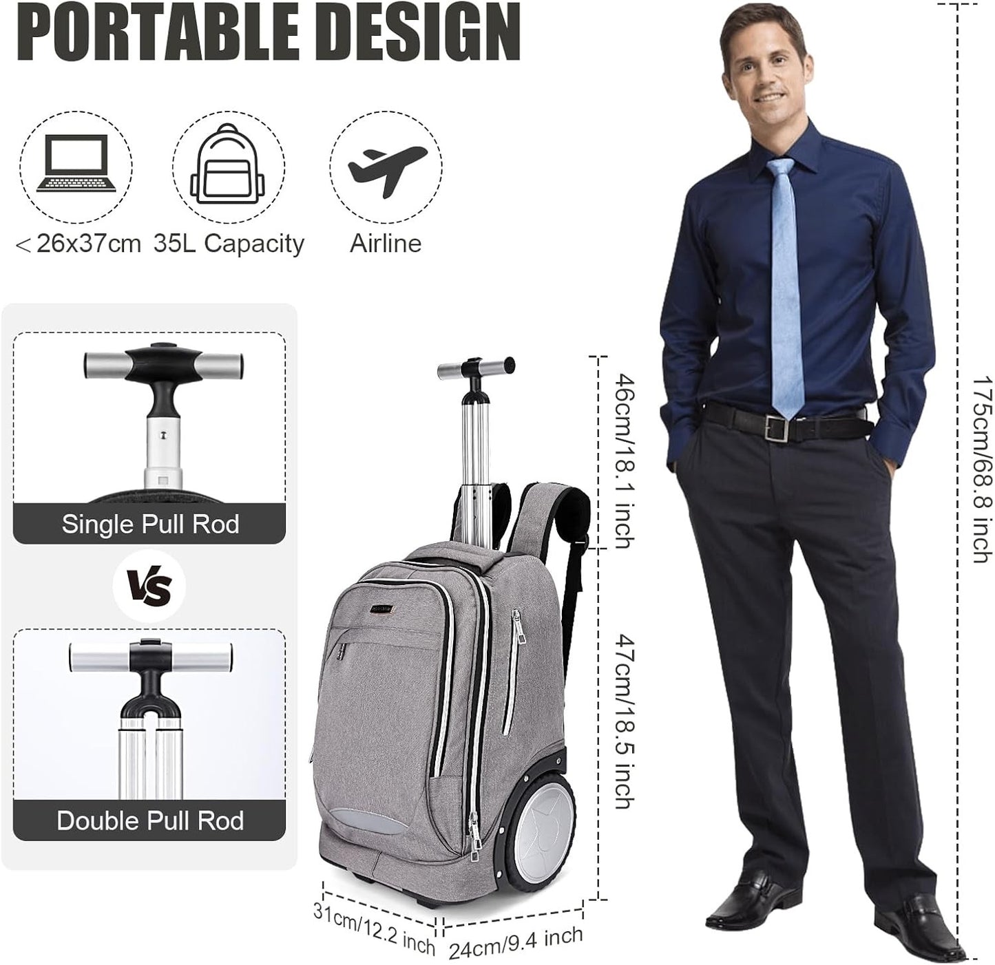 Rolling Backpack Trolley Bag 7in Wheels Laptop Travel Business Carry On Grey