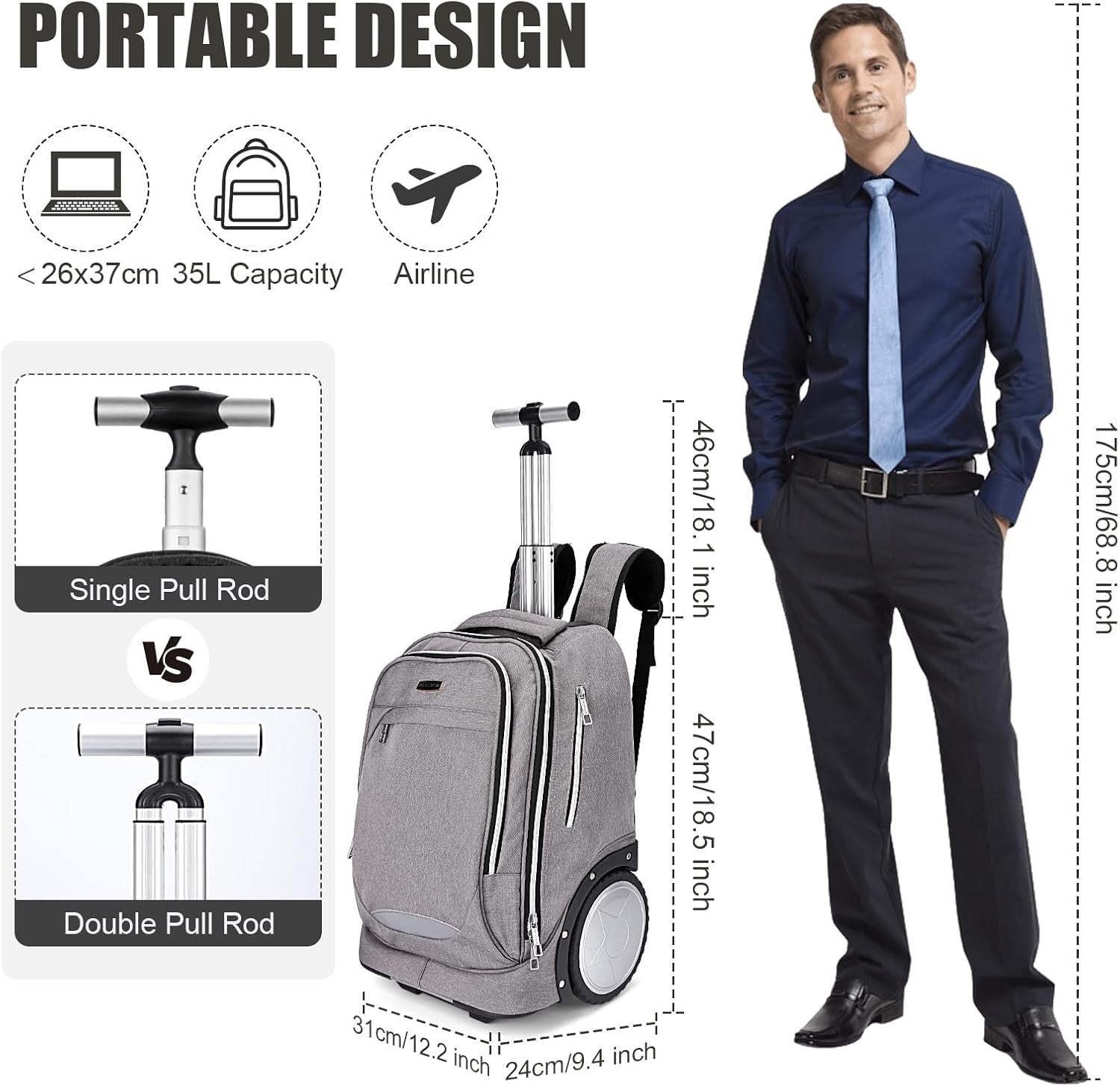 Rolling Backpack Trolley Bag 7in Wheels Laptop Travel Business Carry On Grey