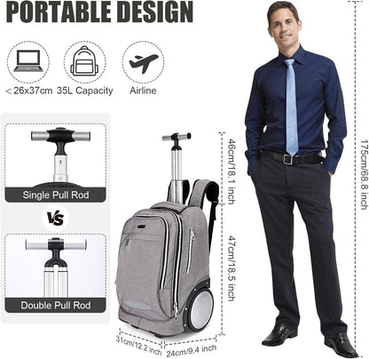 Rolling Backpack Trolley Bag 7in Wheels Laptop Travel Business Carry On Grey
