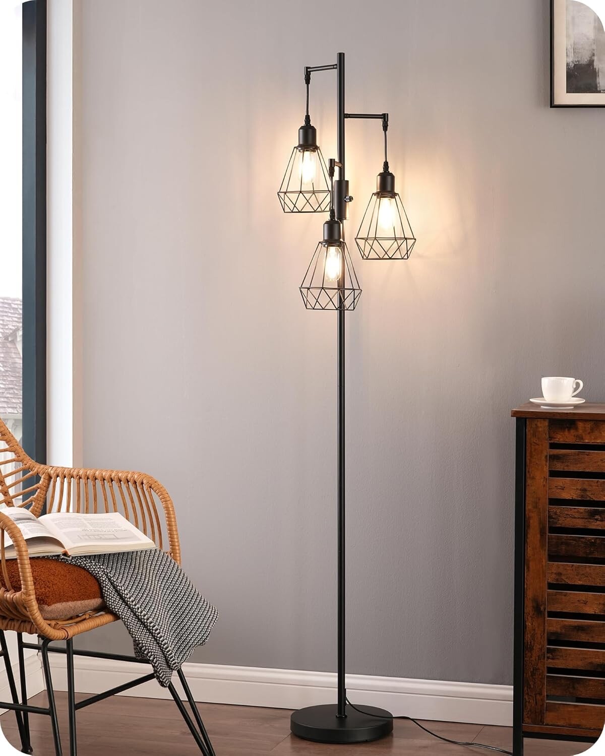 EDISHINE Industrial Floor Lamp with 3 LED Bulbs Diamond Cage Lampshade Black