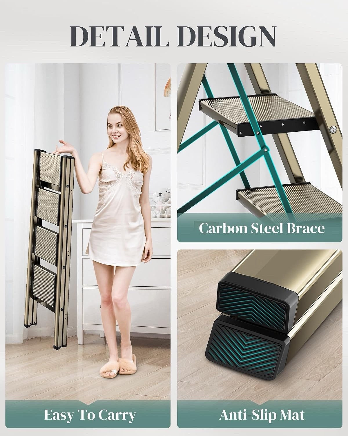 4 Step Ladder Folding Stool Aluminium Anti-Slip Wide Pedals 150kg Gold