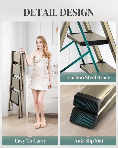 4 Step Ladder Folding Stool Aluminium Anti-Slip Wide Pedals 150kg Gold