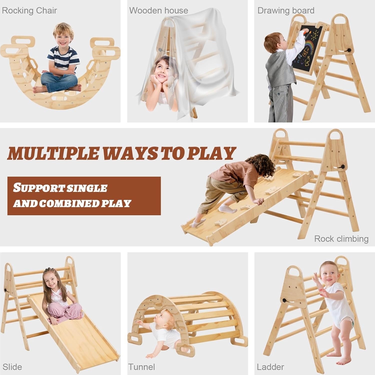 Toddler Climbing Frame Pikler Triangle Wooden Foldable Montessori Slide Arch Set