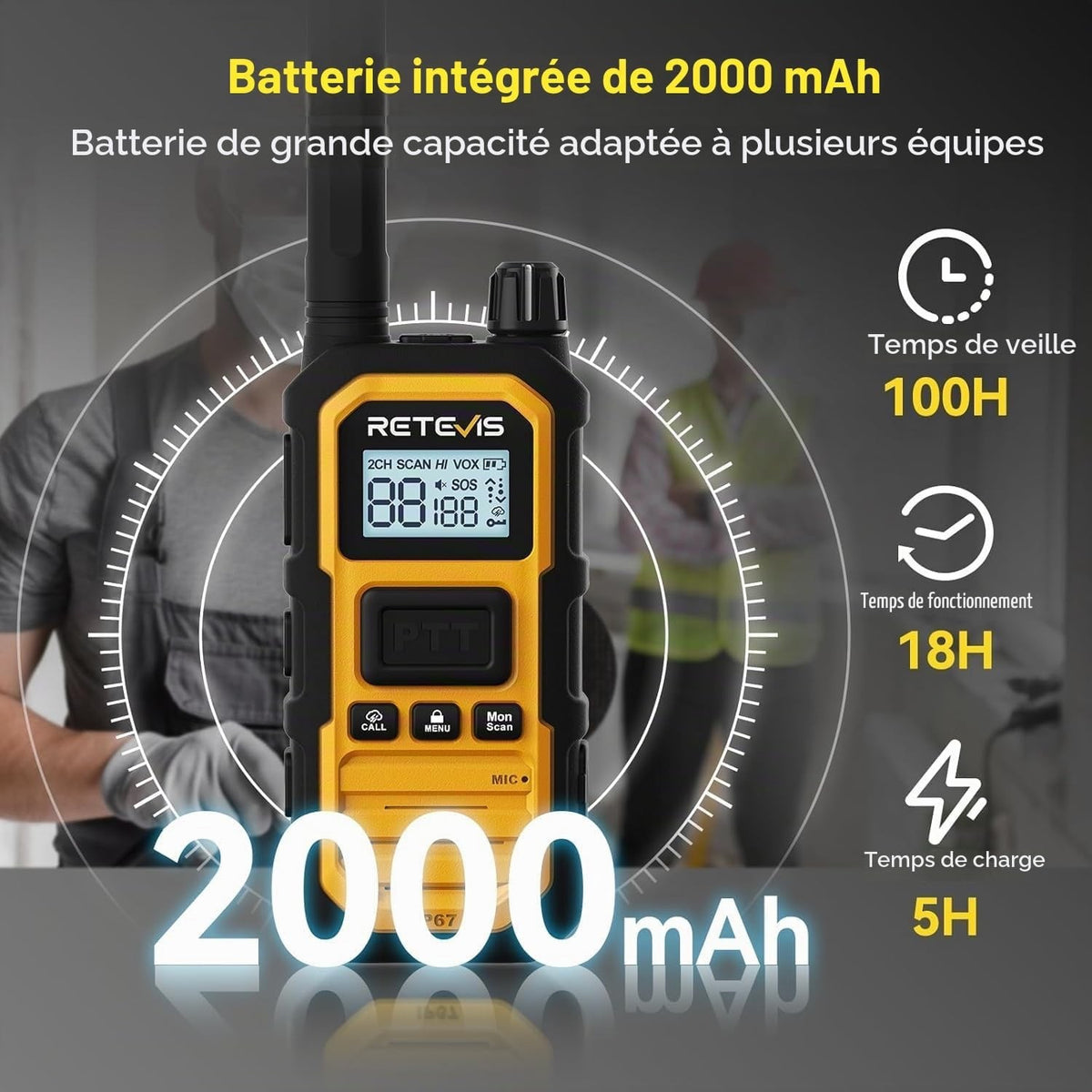 Walkie Talkie Two Way Radios Long Range IP67 Waterproof 2000mAh 4 Pack Yellow