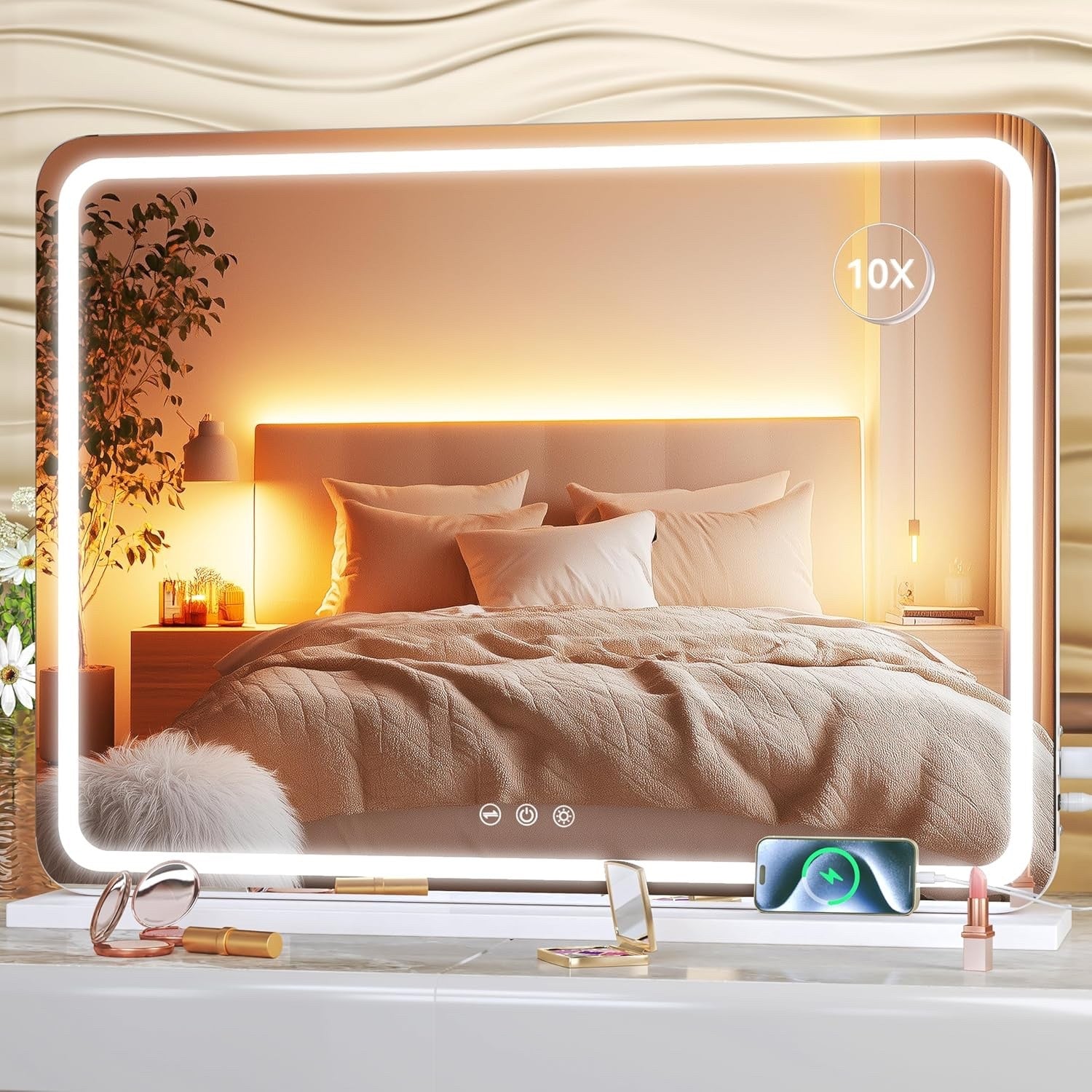 LED Vanity Makeup Mirror 100x75cm Lighted Dimmable 3 Color Touch Control