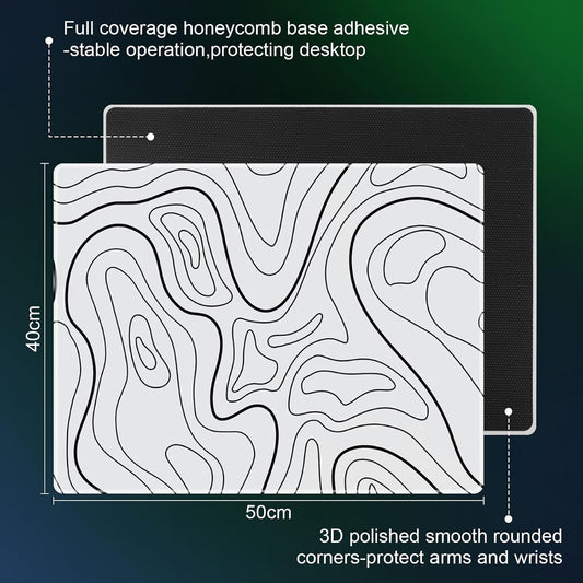 Glass Gaming Mouse Pad Mat 50x40cm White Topographic Non Slip Smooth Surface