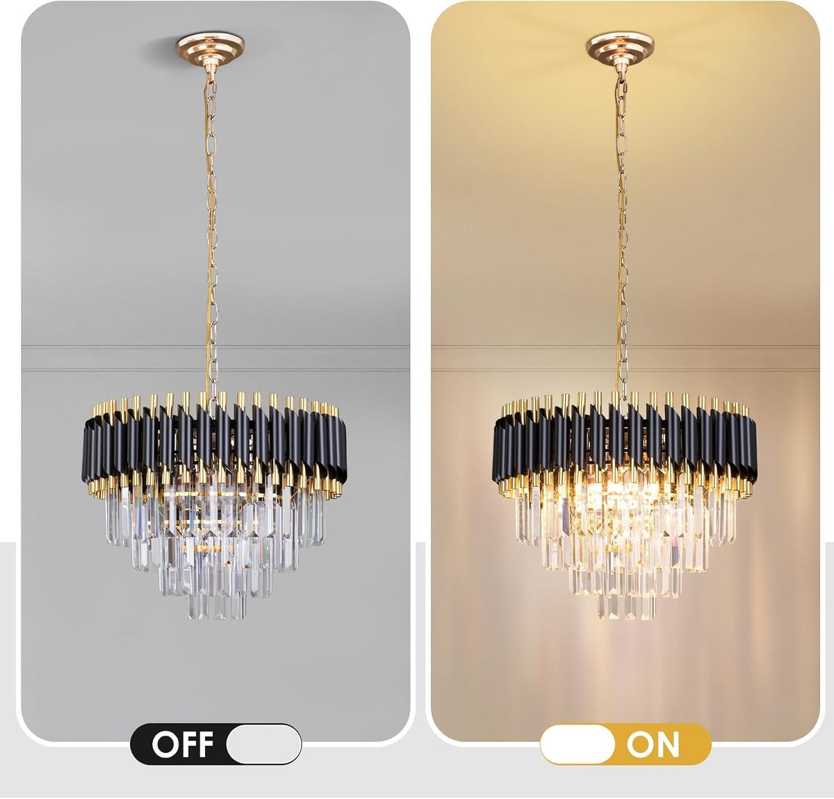 Crystal Chandelier Ceiling Light 20 Inch Black Gold 4 Tier Adjustable Pendant