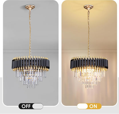 Crystal Chandelier Ceiling Light 20 Inch Black Gold 4 Tier Adjustable Pendant