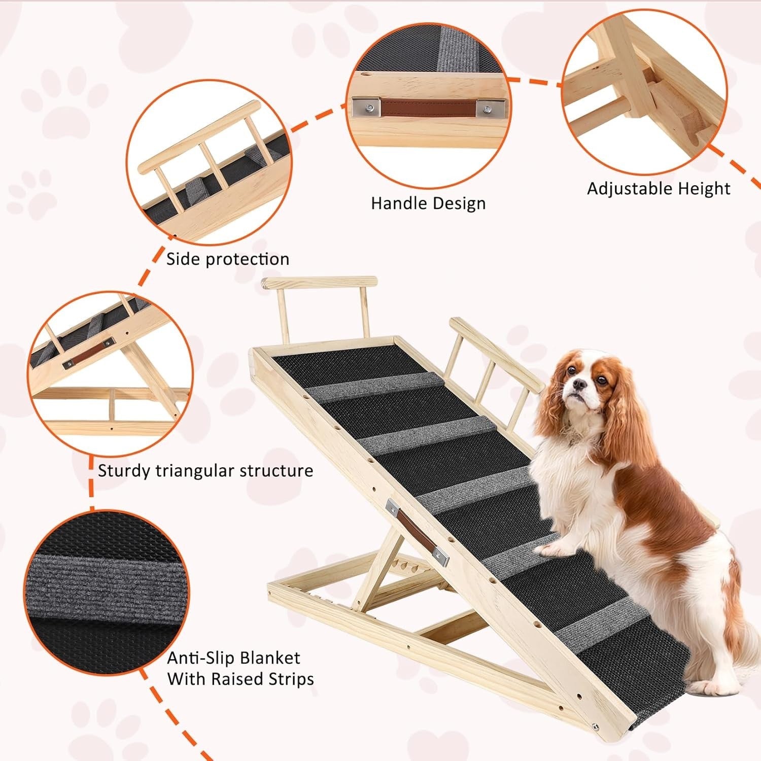 Adjustable Wooden Pet Dog Ramp Non-Slip Rubber Surface for Bed Sofa Car – Brown