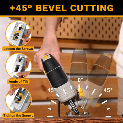 Electric Jigsaw 550W 6 Speed 800-3000SPM 45° Bevel LED 8 Blades Wood Metal