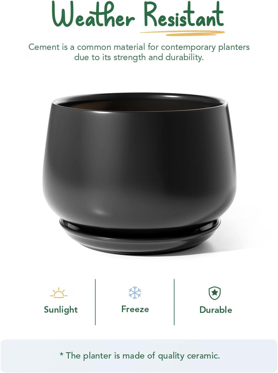 Ceramic Plant Pot 30cm Black Indoor Planter Drainage Hole Saucer Modern