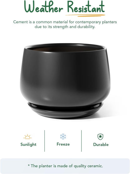 Ceramic Plant Pot 30cm Black Indoor Planter Drainage Hole Saucer Modern