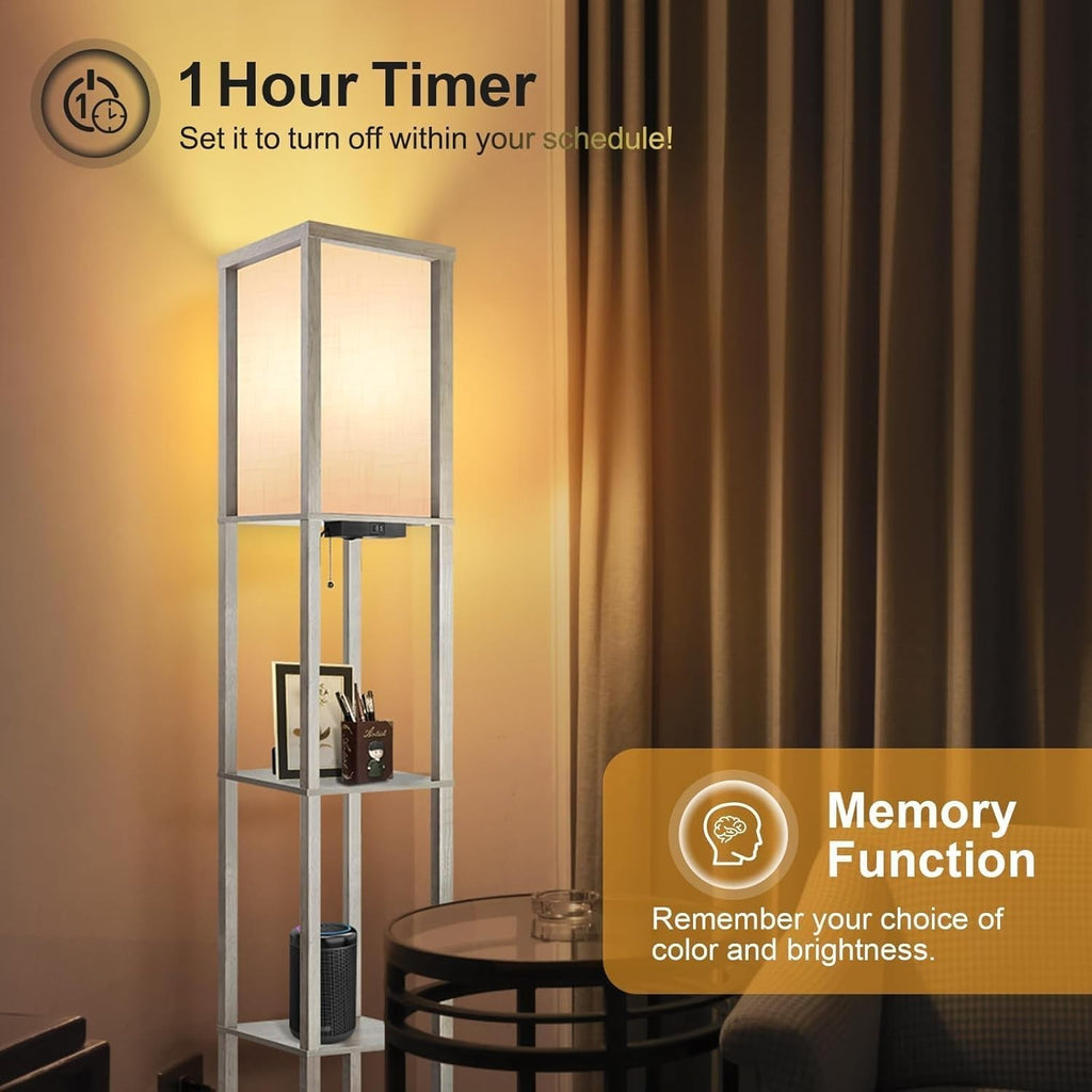 LED Floor Lamp w/ Shelves Remote Dimmable USB 3-Tier Rustic Grey