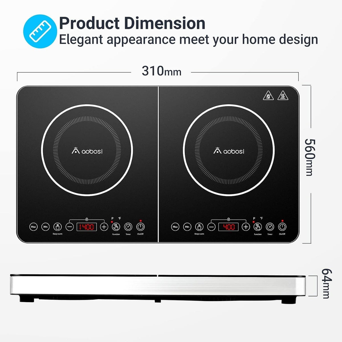 AOBOSI Double Induction Hob 2800W Portable 2 Ring Cooker Touch Control Timer