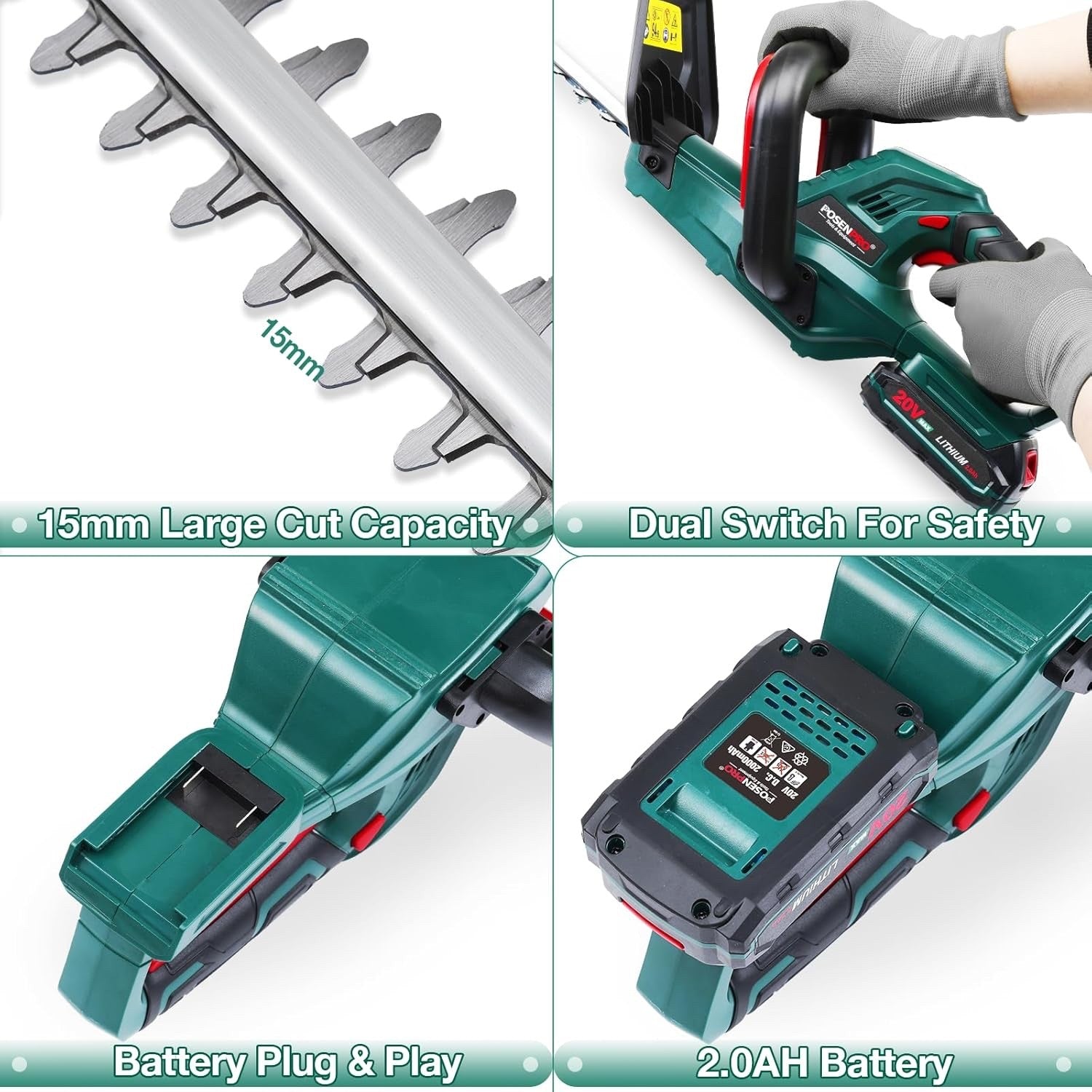 POSENPRO 20V Cordless Hedge Trimmer 520mm Blade with 2.0Ah Battery & Charger